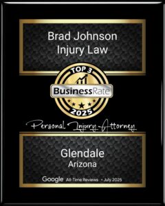 BusinessRate award for Brad Johnson Injury Law: Top 3 Personal Injury Attorneys in Glendale, Arizona in 2025 based on Google reviews collected from all time.